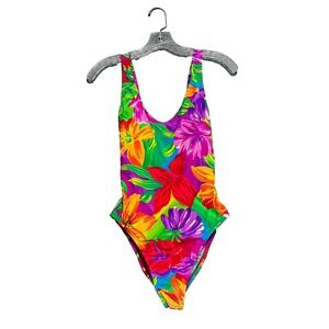 Vintage 80s 90s Speedo One Piece Swimsuit Womens 10 Neon Tropical Floral Retro